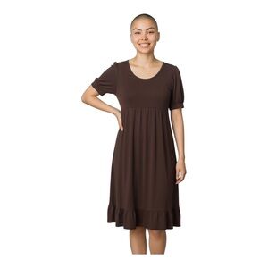 short sleeve burgundy dress. Stretchy. By Slinky Brand. Size Small